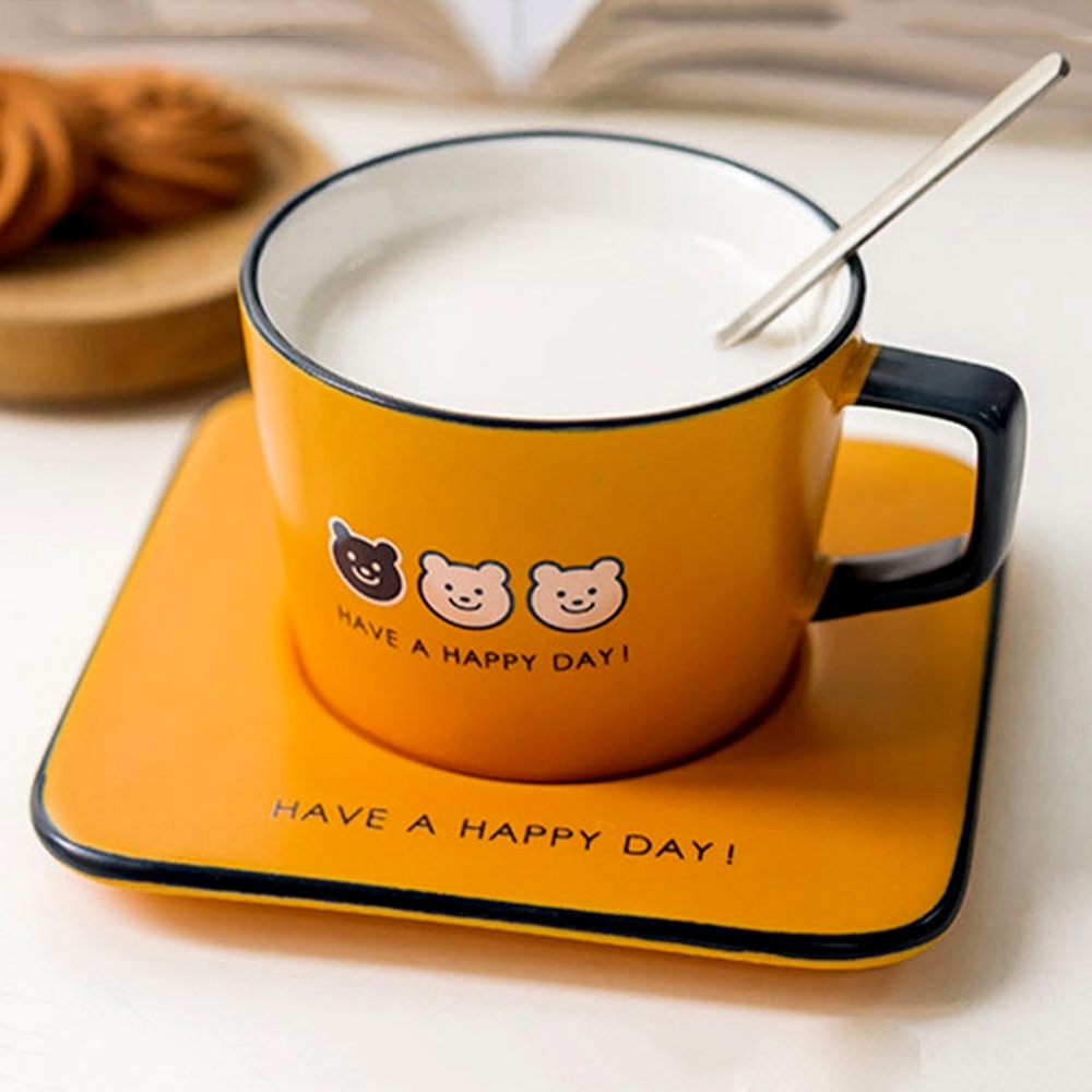 Mustard Bear HAPPY DAY Ceramic Mug Tea Cup Coffee Saucer Set w Spoon Teacup